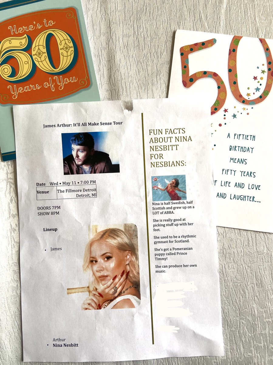 Yellowstone_BoC's tweet photo. As part of my 50th birthday last month, my wife bought us tickets to see @ninanesbitt this Wednesday at the @FillmoreDetroit.
I’m so excited. She even printed some fun facts for #Nesbians. https://t.co/yuybyGIvJ1