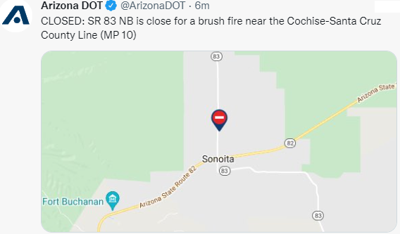 CCFirenIncident's tweet photo. ~1357: #ADOT-#SR83 NB is close for a #brushfire near the Cochise-Santa Cruz County Line (MP 10) #AzFire #SanRafaelFire https://t.co/5GXKAUbmG3