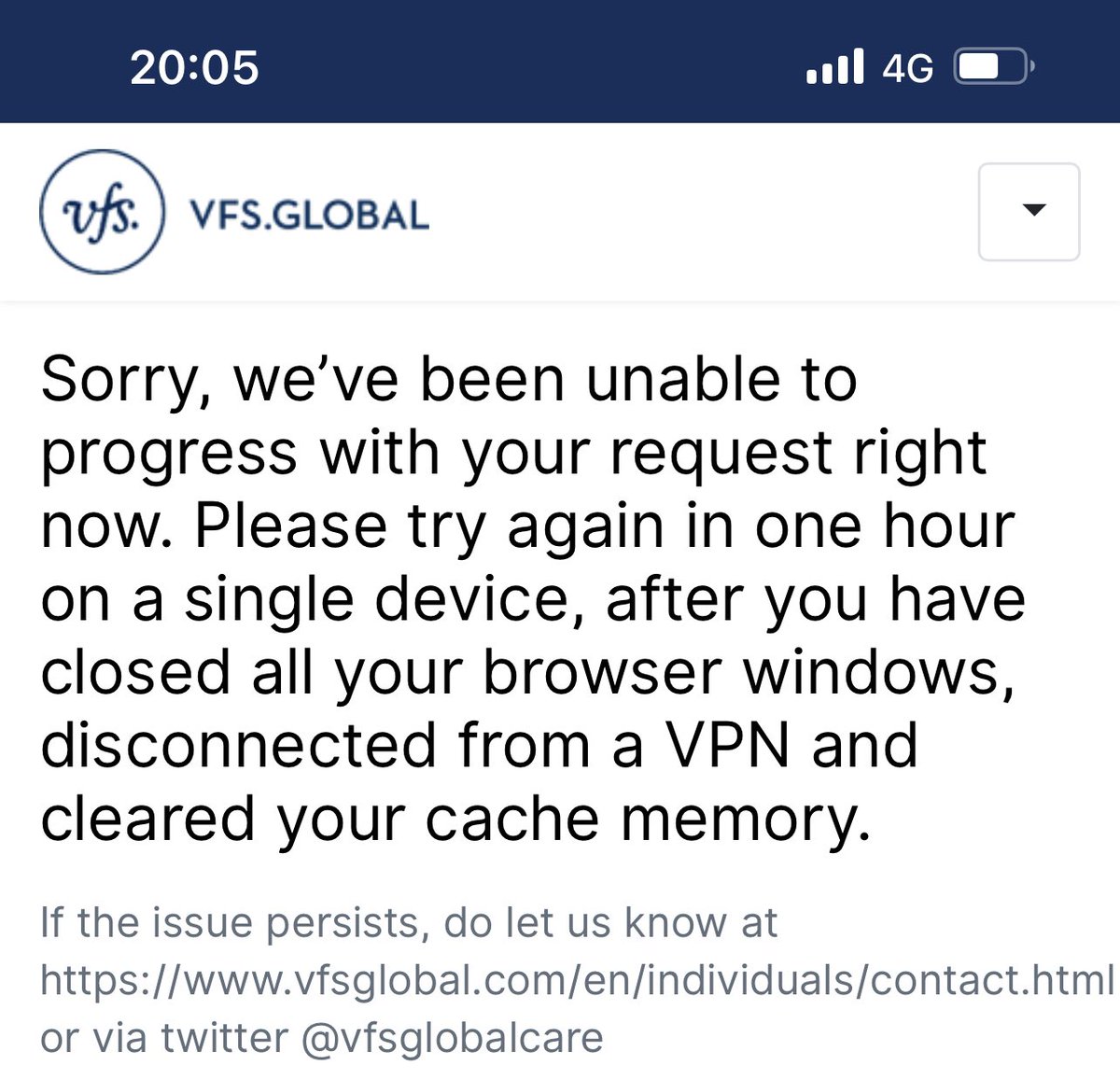 Ejero7's tweet photo. @vfsglobalcare can your IT team look into this? I have seen several people complained about the same. I was able to get through at some point but eventually booted out (see screenshot). I have read all your “template” responses and have sent you a DM. pls help. https://t.co/F4KmLZBurY