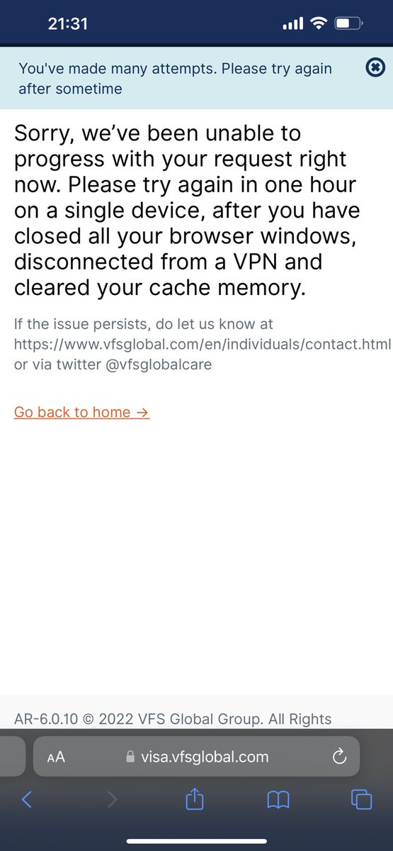 Ejero7's tweet photo. @vfsglobalcare can your IT team look into this? I have seen several people complained about the same. I was able to get through at some point but eventually booted out (see screenshot). I have read all your “template” responses and have sent you a DM. pls help. https://t.co/F4KmLZBurY