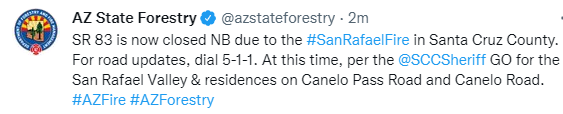 CCFirenIncident's tweet photo. 1404: Per #AzDFFM-#SR83 is now #closed NB due to the #SanRafaelFire in Santa Cruz County. For road updates, dial 5-1-1. At this time, per the #SCCSheriff-#GO for the San Rafael Valley & residences on Canelo Pass Road and Canelo Road. https://t.co/cllpEWMzUv https://t.co/BLZyLFFyfS