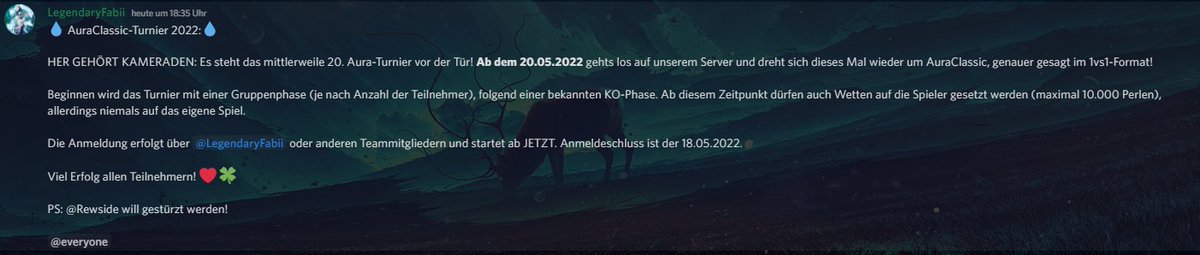 Aura245's tweet photo. ⚠️Turnierankündigung:⚠️

Zeit für ein kleines Jubiläum! Bereits am 20.05.2022 startet unser bereits 20. AuraTurnier auf @AuraGamesDE ! Dieses Mal dreht es sich um ein 1vs1 AuraClassic-Turnier und es darf sich AB SOFORT dafür angemeldet werden!

Wir freuen uns über eure Teilnahme! https://t.co/Pw8WK8oOio