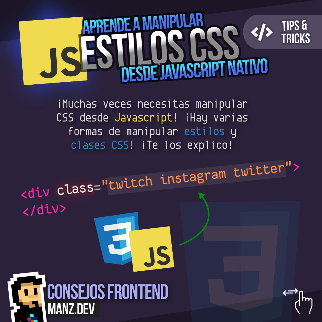 Manz's tweet image. 💛¡Aprende a manipular CSS desde Javascript!💙

En algunas ocasiones necesitamos crear CSS dinámico (o controlarlo) desde Javascript y mediante el DOM.

Existen 4️⃣ formas de hacerlo, ¡te las explico! ¡Sin usar librerías! Todo de forma nativa

🧵⬇