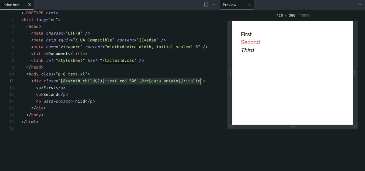 🤯 Just merged arbitrary variant support into Tailwind CSS!

Will ship in v3.1 but you can test it now by installing `tailwindcss@insiders` 👩‍🔬

Implemented in like 5 minutes by <a href="/malfaitrobin/">Robin Malfait</a> and <a href="/jordanpittman/">Jordan Pittman</a> after a lightning bolt of API clarity 😅

github.com/tailwindlabs/t…