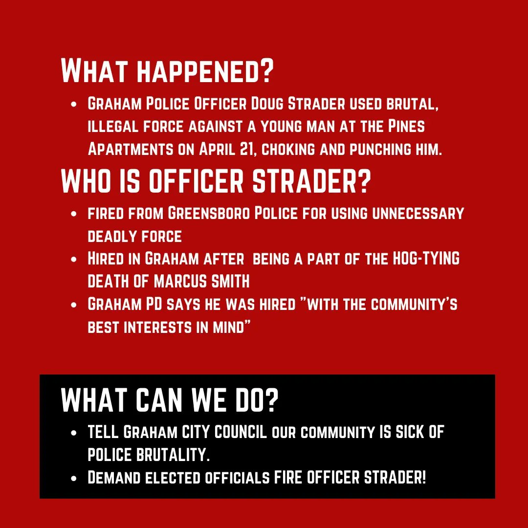 DownHome_NC's tweet photo. Community members in #GrahamNC are headed to the City Council Meeting on Tuesday evening to tell their representatives that Graham deserves better than Officer Strader!
#Graham #policeaccountability #firestrader https://t.co/kqcjV6PT7c