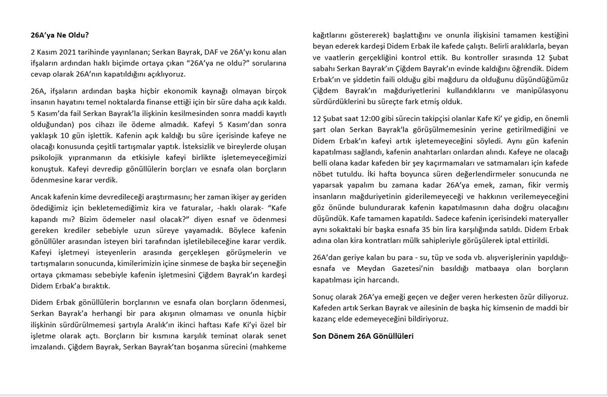 26aneoldu's tweet photo. 26A’ya Ne Oldu?

2 Kasım 2021 tarihinde yayınlanan; Serkan Bayrak, DAF ve 26A’yı konu alan ifşaların ardından haklı biçimde ortaya çıkan “26A’ya ne oldu?” sorularına cevap olarak 26A’nın kapatıldığını açıklıyoruz. ⬇️ https://t.co/aH0E7VX3wa