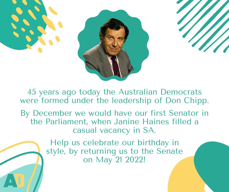 AustDems's tweet photo. It's our birthday today!  We're the oldest and most successful minor party in the history of the Australian Federal Parliament, and it all started 45 years ago today 🥳

#auspol https://t.co/c2UMqLVY4w