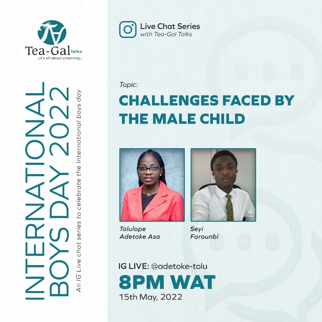 teagaltalks's tweet photo. @TealadyAsa @adesoji_ii @udosen_irene
What you need to know about International boys day
International Day of the Boy Child also called the World Day Of The Boy Child is a fairly recent observance which began two years ago in 2018.
#teagaltalks #doyouknow #may16 #boys #boychild https://t.co/DEAgMbGQxS