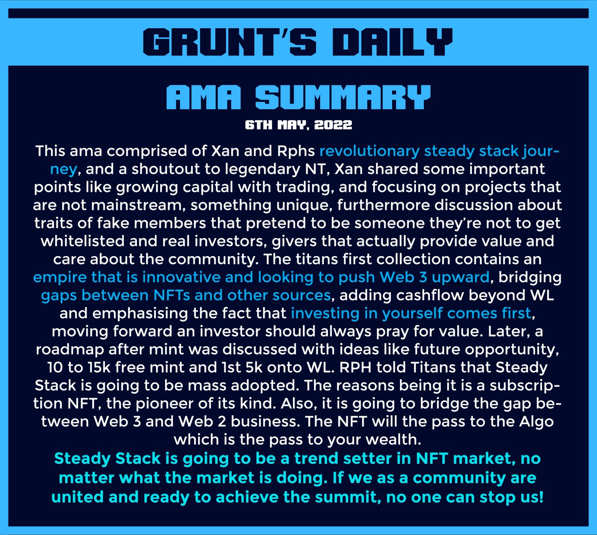 grunts_d's tweet photo. AMA summary which was hosted by @PRJCTWhitelist featuring our own founders @zanshake and @readyplayerh 
#GruntsDaily https://t.co/vLlZ2gYLx4