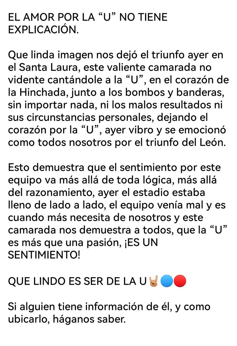 U_LOSDEABAJO's tweet photo. EL AMOR POR LA “U” NO TIENE EXPLICACIÓN.

Que linda imagen nos dejó el triunfo ayer en el Santa Laura, este valiente camarada no vidente cantándole a la “U”, en el corazón de la Hinchada, junto a los bombos y banderas, sin importar nada, ni los malos resultados... https://t.co/x3UxEXxM8r