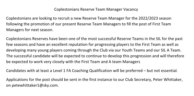 Cops_FC's tweet photo. Coplestonians Reserve Team Manager Vacancy

@SILHQ @SuffolkFA @CentreCopleston @Cops_FC https://t.co/oURSfqMNcL