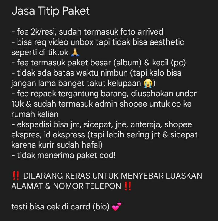 jajannyadobbies's tweet photo. halo ~ yang masih cari jasa titip paket atau jasa packing bisa di aku yaa, detailnya boleh liat pict ^^ testi boleh cek carrd di bio atau tweet dibawah 💕 btw ini dom bandung ya!

kalo mau nanya - nanya dulu boleh langsung dm aja 😍

t. jasa titip paket jasa admin packing https://t.co/8cx59rs7NT