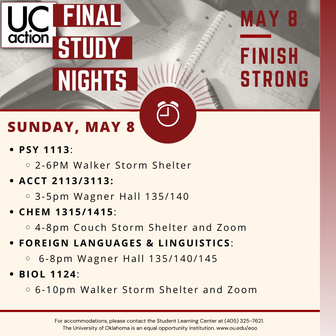 Let's finish strong! Stop by today's Study Nights for final exam preparation. Find more information here: ou.edu/univcoll/about…