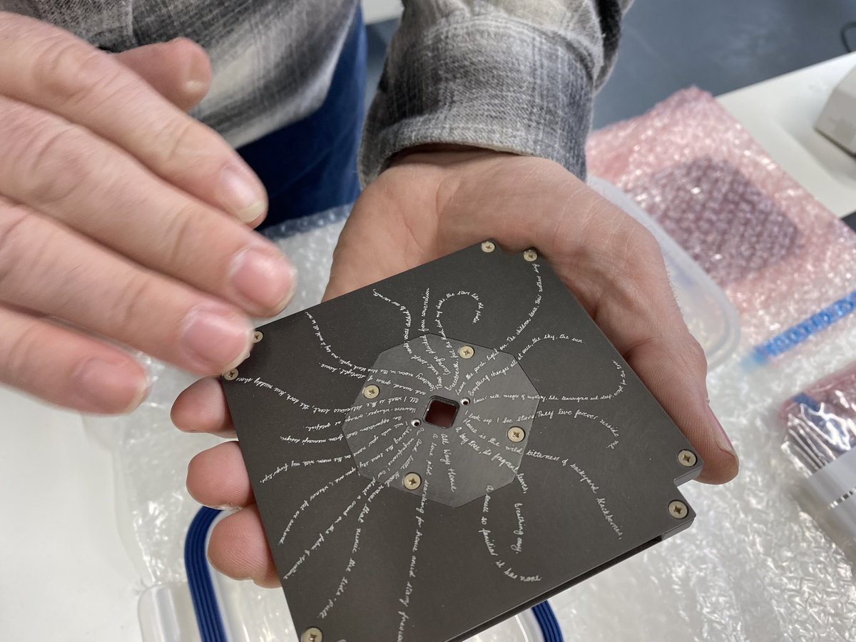 ucdartistsinres's tweet photo. A very special thanks to Philip Whyte @EFJeng for his incredible skill, patience and exactitude in engraving the @EIRSAT1 space poem. He and his son Jeff are the wizards behind the curtain of a surprising amount of art in Ireland and further afield, and a joy to work with too. https://t.co/kWqKJlU13Y