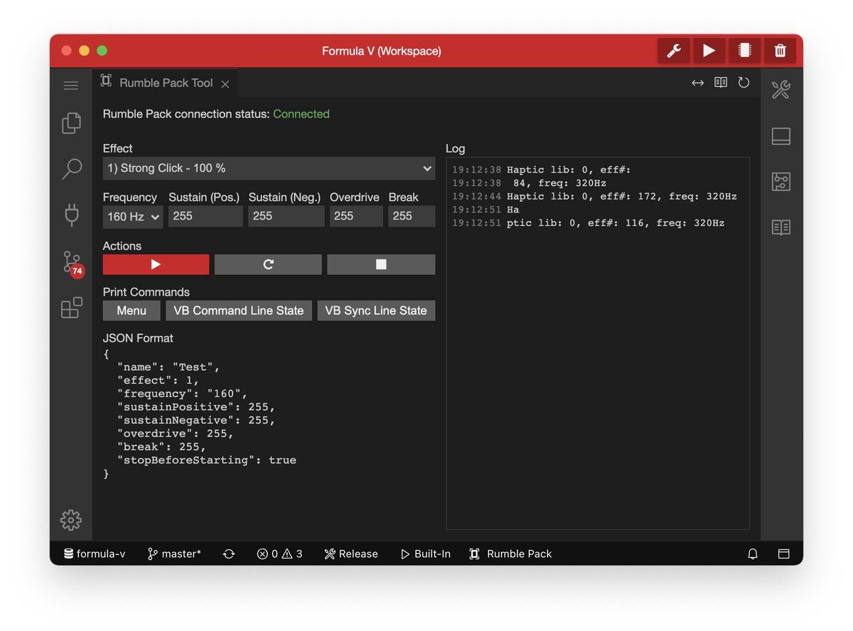 VUEngine's tweet photo. #VUEngineStudio is getting a new tool to connect RetroOnyx's VB Rumble Pack (https://t.co/KrtTd84arK) through USB, allowing you to eavesdrop VB -> Rumble Pack communication or create and test drive rumble effects that can be used in your game. #homebrew #VirtualBoy #VUEngine https://t.co/evbkbBv1qs