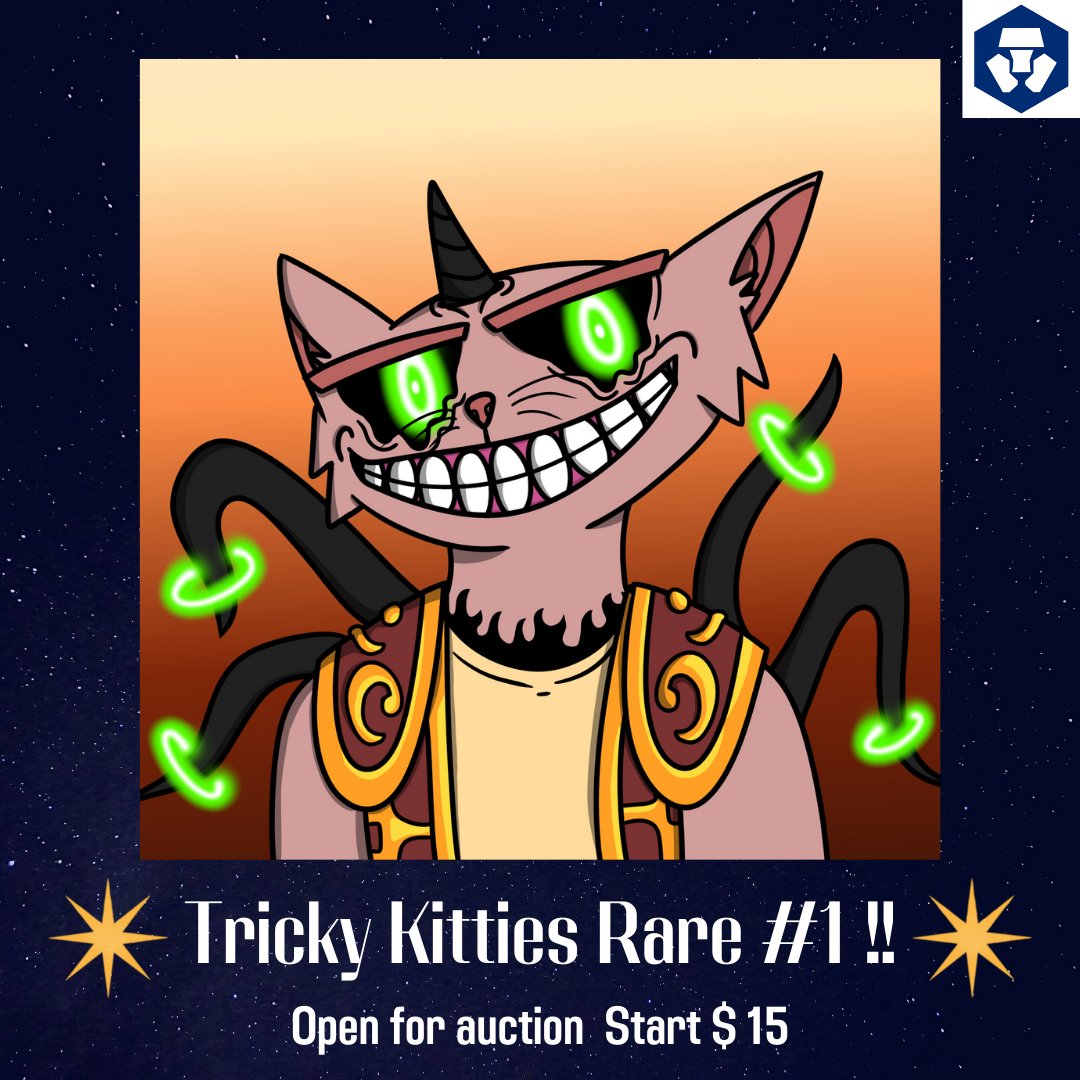 Tricky Kitties ( Rare ) #1 Open for auction!! 🔥🐈 
น้อง Rare ตัวแรกมาแย้ว
Check this 👇 
crypto.com/nft/collection…
#cro #crofam #Cronoschain
#NFTMarketplace
#NFTCommmunity #NFTcollections #NFTcollectible #nftcollectors #NFTdrops #NFTTHAILAND #NFTProjects