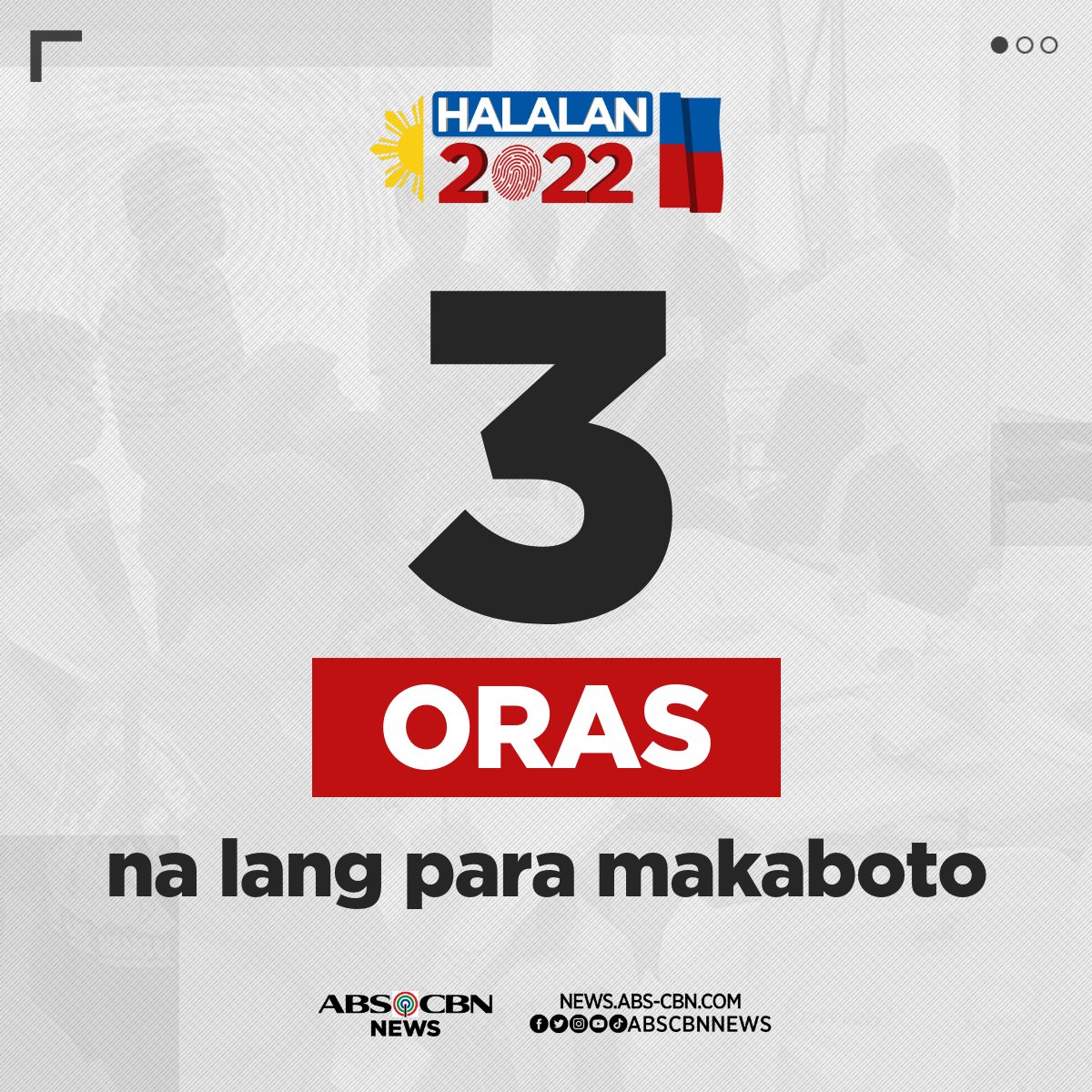 ABSCBNNews's tweet photo. Huwag sayangin ang pagkakataong makaboto. 3 oras na lang, matatapos na ang botohan!

Para sa partial and unofficial results ng #Halalan2022, magtungo sa https://t.co/jVNu9nhS9b https://t.co/6pA8iUb157