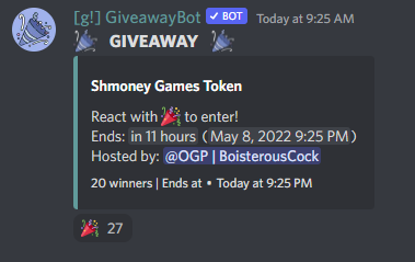 ShmoneyGames's tweet photo. @BambooSyndicate  Running another 20 winner giveaway for SGT!  About 11 hours left to enter!

https://t.co/6MyfZUBnbZ

Make sure to react and give yourself the Shmoney Gamer role as well in the #role-reactions channel

#giveaway #nft #games #fun #poker #smashkarts #gartic https://t.co/7VLCNgO3bC