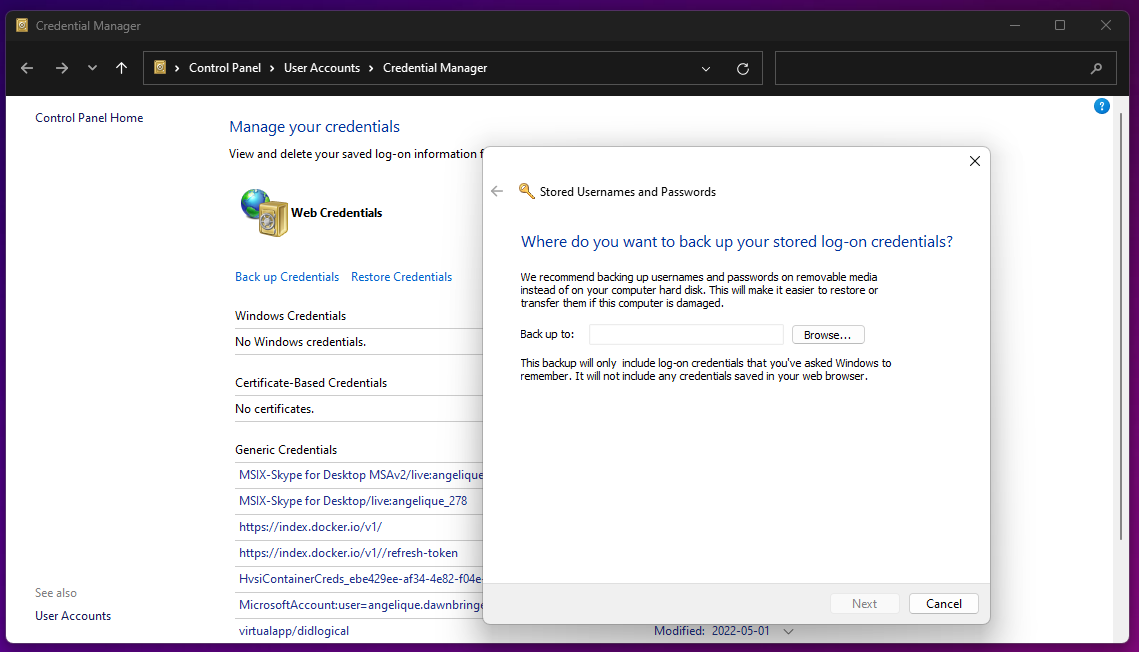 ADawnbringer's tweet photo. Don't worry all you password stealers out there! 

Microsoft Windows has you covered if you can't extract those nasty keys for some reason. It even introduces a nice little restore option. (Results may vary depending your needs) https://t.co/CHOZAt26y2
