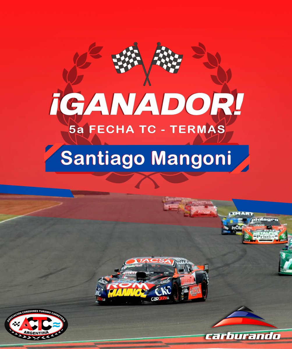 #TurismoCarretera Triunfazo de <a href="/santiagomangoni/">Santiago Mangoni</a> en Termas. El de Balcarce dominó de punta a punta la 5ª fecha de la temporada del Turismo Carretera.
El podio lo completaron <a href="/chledesmaok/">C H R I S T I A N . L E D E S M A</a> (Chevrolet) y <a href="/rossimatias/">Matias Rossi</a>, quien subió a Toyota a su primer podio en la categoría.

#TC
