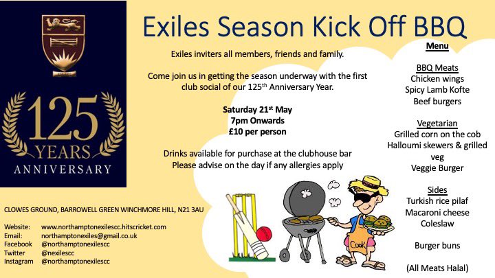 nexilescc's tweet photo. Come join us!

Exiles are hosting our season kick off BBQ

21st May - 7pm
£10 per person https://t.co/BhOIya3GXx