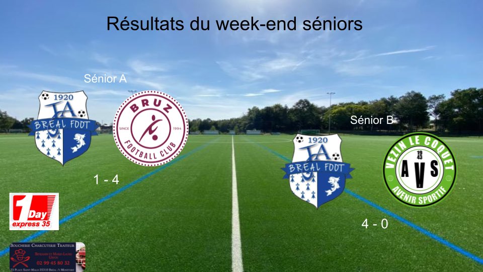 FootJa's tweet image. ⚽️ Résultats séniors 
Dimanche 8 mai 

- Sénior A : JA Bréal 🆚 FC Bruz ❌ 1-4 
- Sénior B : JA Bréal 🆚 Vezin AS ✅ 4-0