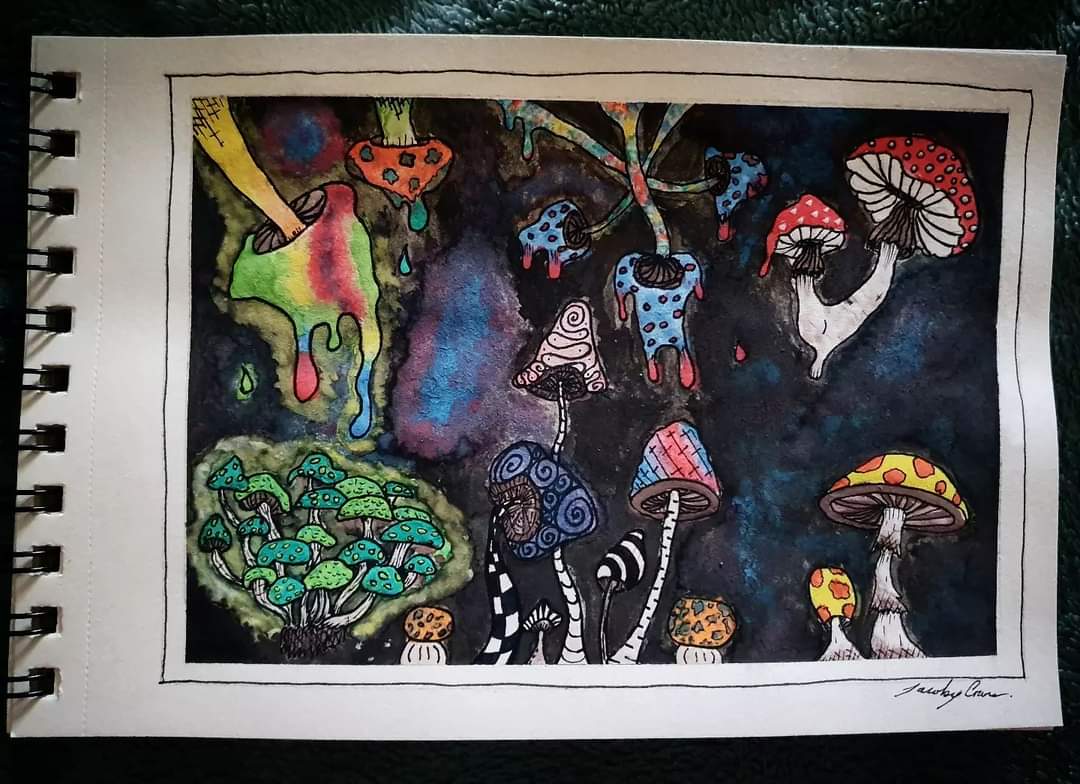 FukurouSan__'s tweet photo. Shrooms! 🍄🐛
Who... are... you?
A trippy painting for my trippy best friend. 😅
#art #artist #artistontwittter #painting #watercolour #mushrooms #trippy #aliceinwonderland #whoareyou #jumblebee https://t.co/y8cCBWdvY7