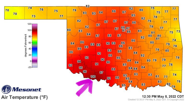 McBeeWX's tweet photo. Already triple digits in parts of southwest OK per @okmesonet. ๐ฅต #okwx #whathappenedtospring https://t.co/7F7vDnehaa