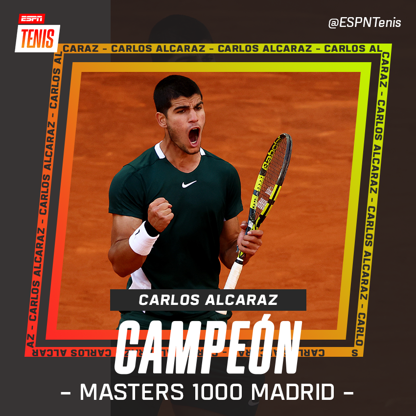 ESPNtenis's tweet photo. ¡QUÉ MANERA DE SALIR CAMPEÓN! 🔥🏆

Alcaraz coronó una semana de ensueño en la que venció a Nadal, Djokovic y ahora Zverev (6-3 y 6-1) para convertirse en el ganador más joven de #Madrid. 💯

Segundo título de M1000 para el nuevo N°6 del mundo. 🤯 https://t.co/cNaz3lvKEb