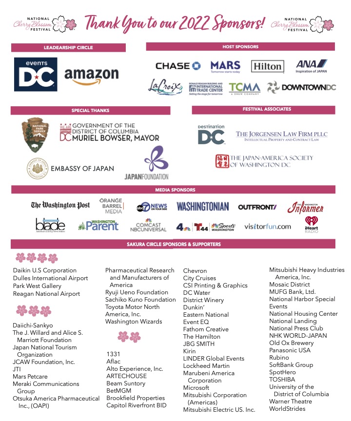 CherryBlossFest's tweet photo. 2022 was so special. We are so grateful for our sponsors &amp; the opportunity we had to gather in person to celebrate the cherry trees. 
Mark your calendars for next year's Festival:  3/20 - 4/16, 2023, and please continue to follow us for more fun year-round! 🌸
#RediscoverSpring https://t.co/fci8j7bsg3