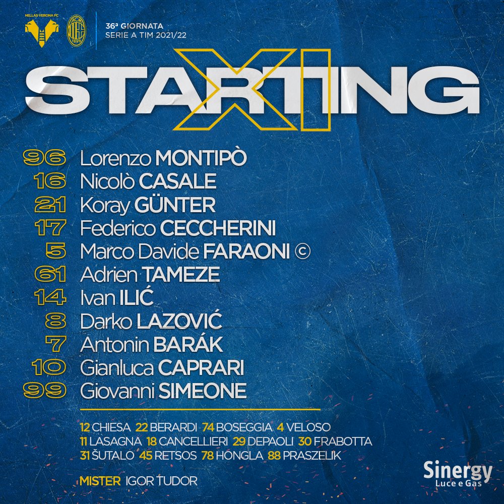 HellasVeronaFC's tweet photo. L'1⃣1⃣ scelto da mister #Tudor per #VeronaMilan 💪
#HVFC #SerieATIM #DaiVerona https://t.co/31Z4kjrmiq