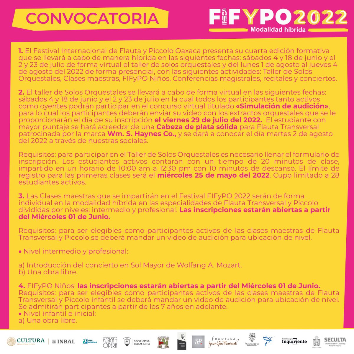 FIFyPO_OAX's tweet photo. El Festival Internacional de Flauta &amp; Piccolo · Oaxaca presenta su cuarta edición en coordinación con @ibermusicas y @SECULTA_GobOax del 04 de Junio al 04 de Agosto en modalidad híbrida👩‍💻🎼👨‍💻
Conoce la convocatoria
#fifypo2022
#flutetraversiere
#festivales
#online https://t.co/PULUPjtmd4