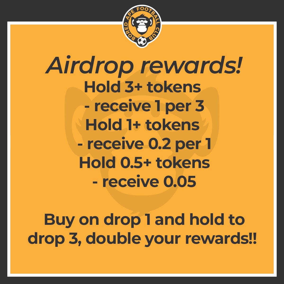 🚨 FREE TOKENS 🚨

Hold 3 $BAFC tokens from drop 1 to drop 3 and you get 2 free tokens. That’s 5 $BAFC tokens for 150 XRP (currently $89)!! 

If you buy 5 $BAFC tokens at drop 3 it will cost you 1000 XRP (currently $573) 

#XRP #XRPLcommunity #DAO