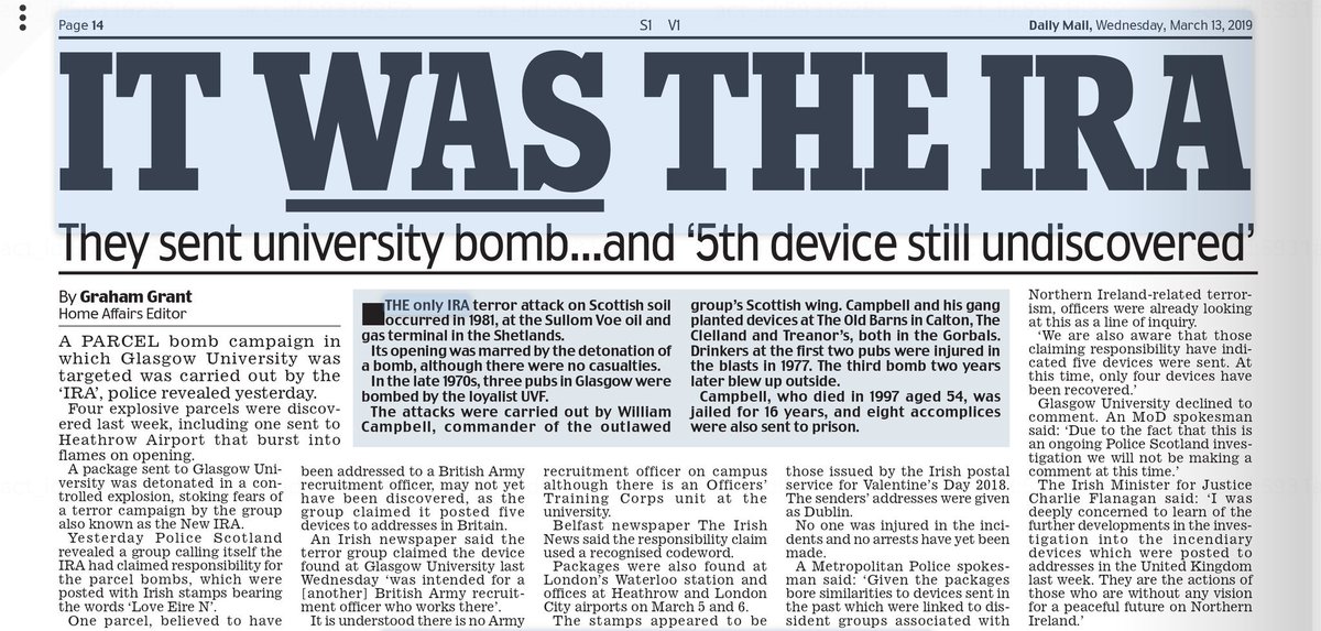 AgentP22's tweet photo. Only 2 years ago the IRA sent a parcel bomb to Glasgow university.
The SNP failed to condemn it at the time.
Now the SNP say they are ready to work with the former political wing of this terrorist group.
Let that sink in. https://t.co/8DB0PhL1gy