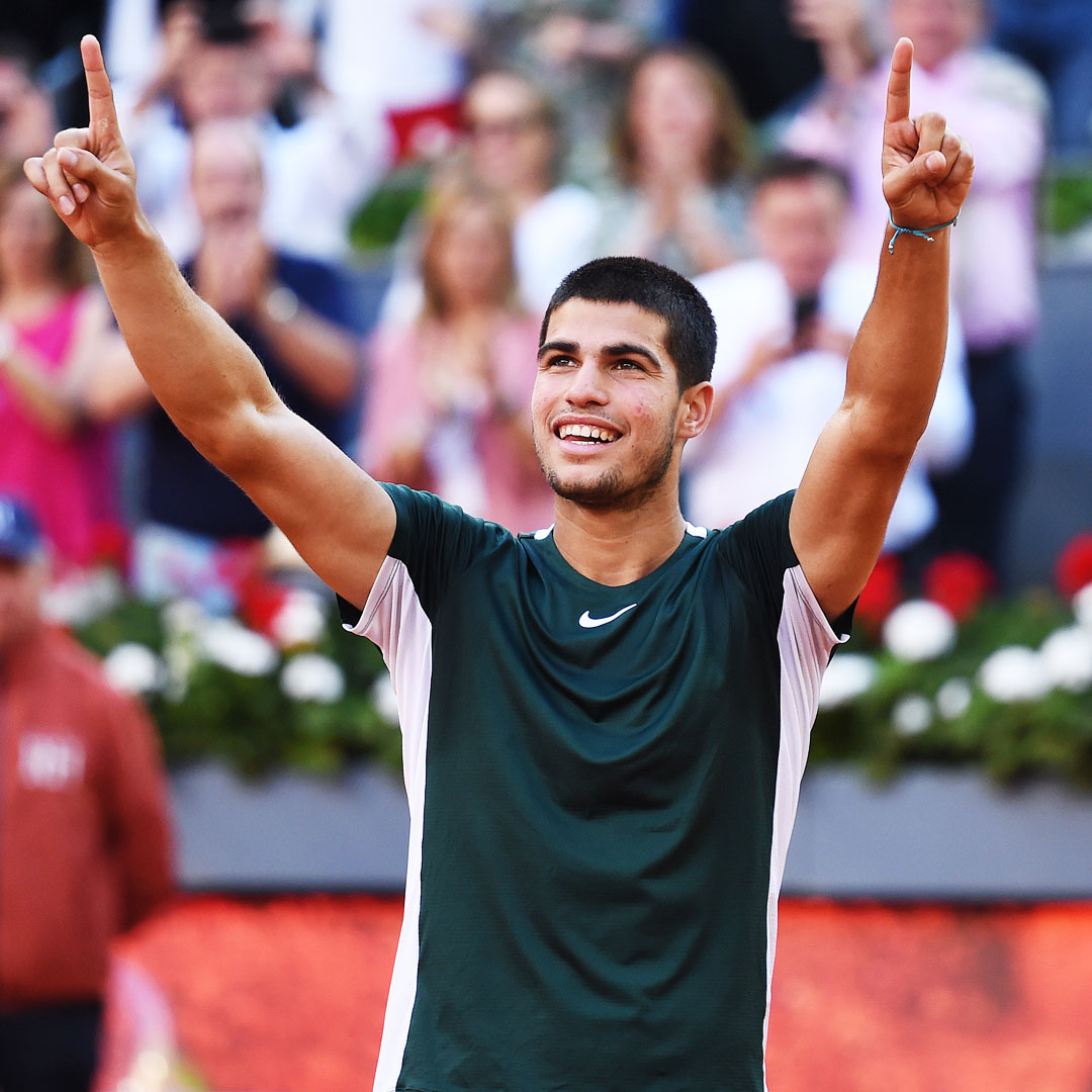 atptour's tweet photo. The youngest EVER champion in Madrid 🏆

Take a bow, Carlos Alcaraz 👏

@alcarazcarlos03 | @MutuaMadridOpen | #MMOPEN https://t.co/wSJthgQysB