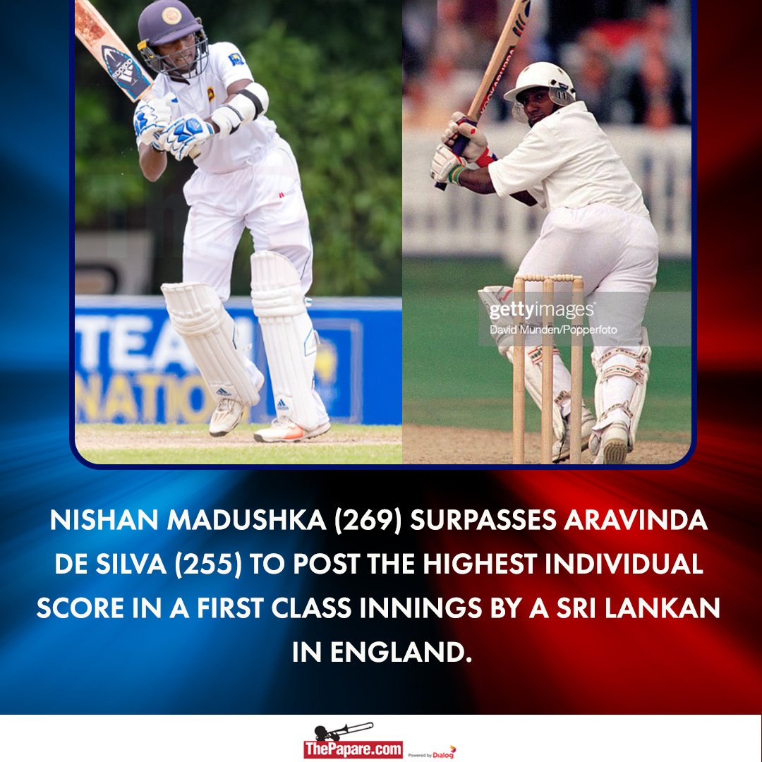 ThePapareSports's tweet photo. 22-year old Nishan Madushka breaks Aravinda De Silva’s 27-year old record of the highest individual score in first-class cricket by a Sri Lankan batter in England. De Silva made 255 for Kent in 1995. 😍👏 #SLEvKENT    

More 👉 https://t.co/ZG1U0JUpG6 https://t.co/bqsyXDWtcs