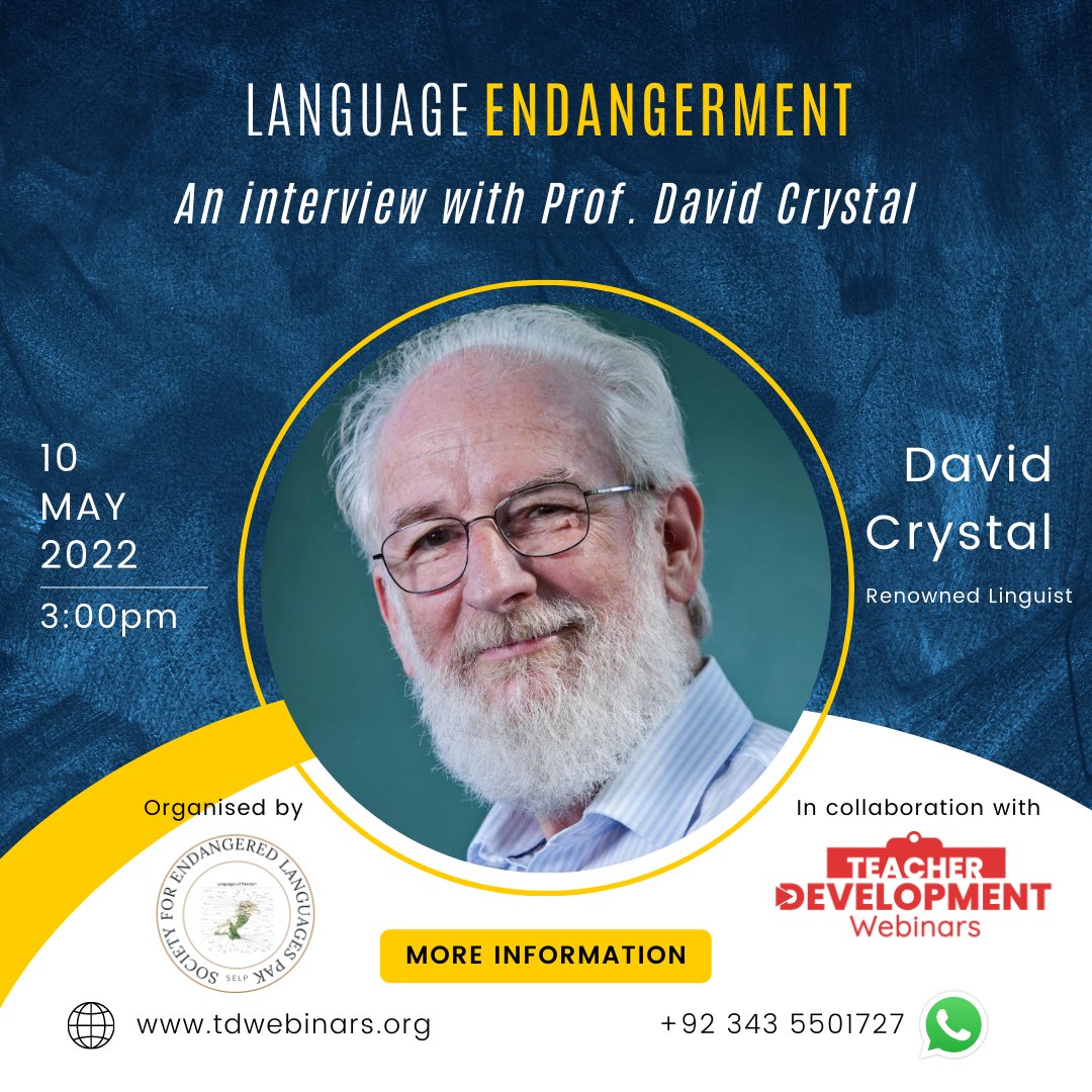 TDWebinars's tweet image. FREE Registration ✅
FREE Certificate ✅
📆 May 10
⏰ 3PM Pakistan Time

Register here: bit.ly/3JXSsb6

YouTube LIVE: youtu.be/dt6AHUN-u0I

#LanguageEndangerment #LanguageRevitalisation #EndangeredLanguages #SELP #TDWebinars #WEBINAR #DavidCrystal #Interview