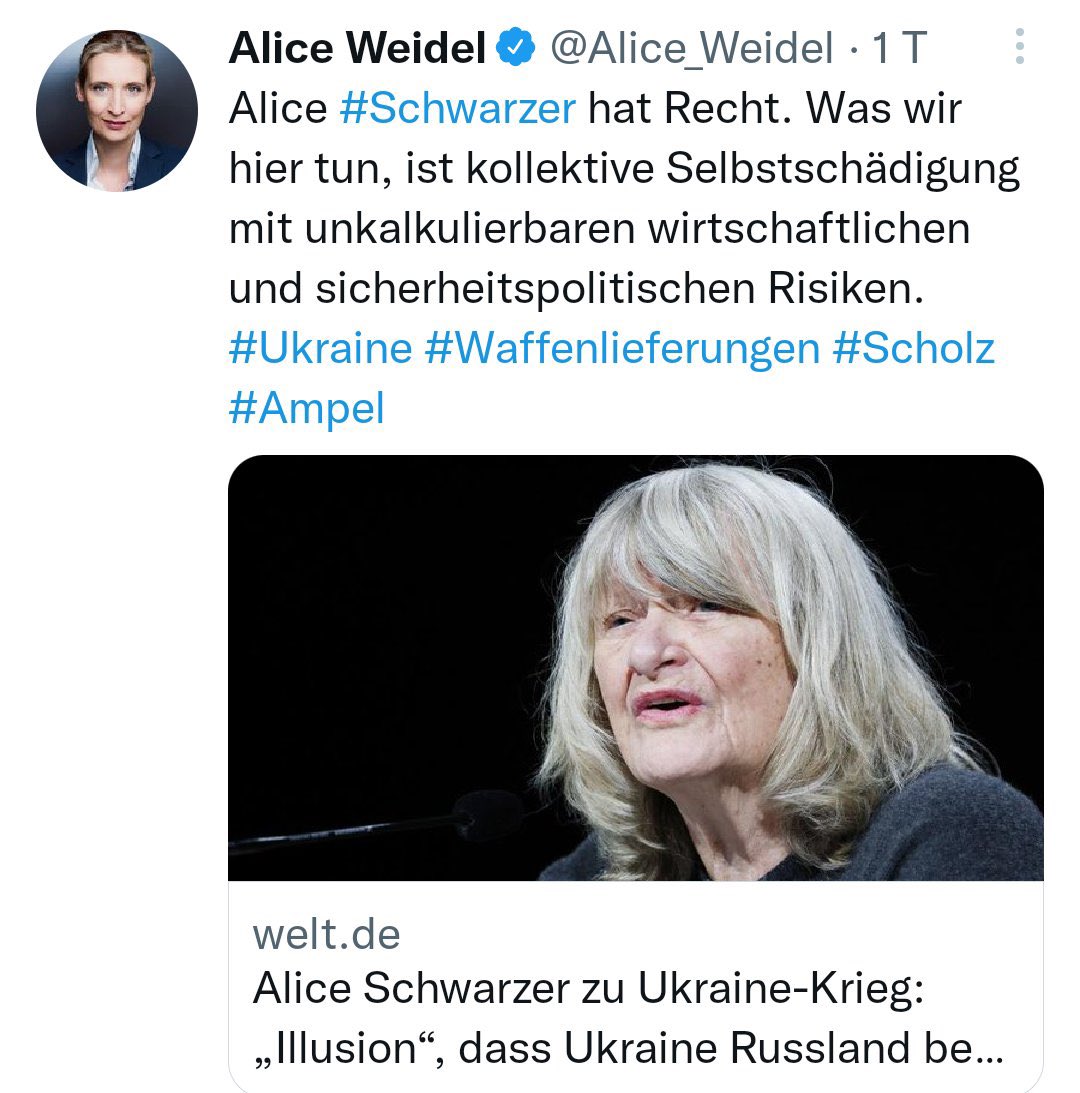 MikiGermany's tweet photo. Wenn du von den Stiefelleckern von Putin Unterstützung bekommst....vielleicht mal nachdenken?
#HaltDieFresseAlice #AfDrausausdenParlamenten #offenerbrief2 https://t.co/w9lqabyGwZ