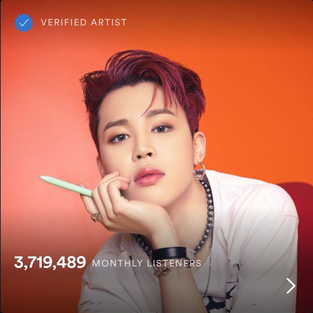 EARMYKOOKMIN's tweet photo. La cuenta oficial de Jimin en Spotify ha alcanzado 3,719,279 oyentes mensuales ganando un total de 152,279 en las ultimas 24 horas. 

#JIMINTEAMAMOS 
#JIMINJIMIN 
#JiminKingOfKPOP      
#JiminHottestKPOPIdol2022 https://t.co/IzC5ZypkdU
