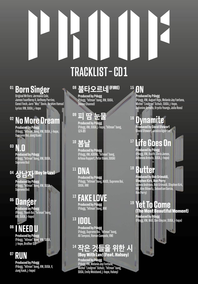 BrazilianArmys's tweet photo. [📰] A Tracklist para 'Proof' CD1 consiste em todas as suas faixas-título!

CD1 inclui o single principal 'Yet To Come', onde Namjoon, Hoseok e Yoongi são creditados nele.

© btschartdata

@BTS_twt #BTS_Proof #BTS https://t.co/ROai86A803