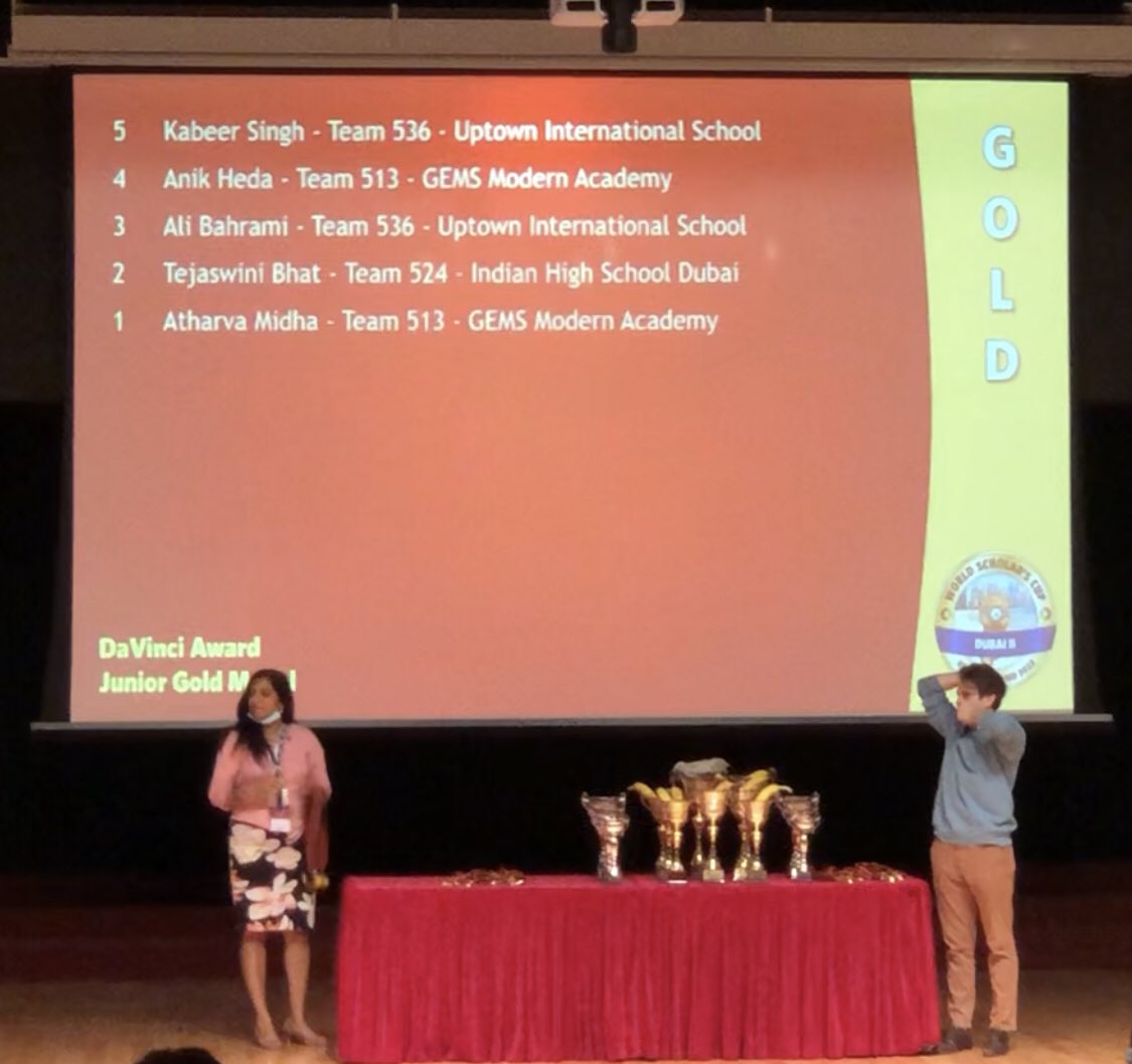 nitinmidha's tweet photo. What a way 2 end d long Eid break.Atharva bagging d Gold as d 1st Title Holder in d individual DaVinci category.His team also qualified for d 3rd Global round.GMA performed exceptionally well in dis inter-school event spread all across Dubai #WSC  @KNargish @juliana_294 👏 https://t.co/kfTohOaJNs