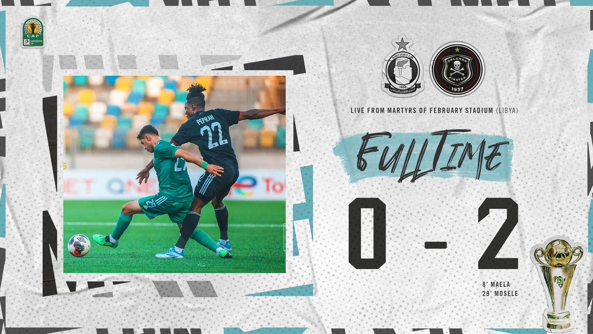 ☠️ FT || <a href="/Alahliysc/">AlAhli SC 🇳🇬</a> 0 - 2 <a href="/orlandopirates/">Orlando Pirates</a>
🥅 8' Maela
🥅 29' Mosele
⚫⚪🔴⭐
#Matchday #TotalEnergiesCAFCC 
#OrlandoPirates
#OnceAlways