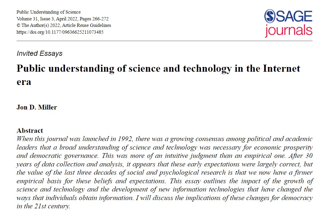 SciPublic's tweet photo. Special issue essay on 'Public understanding of science and technology in the Internet era'
By Jon Miller

#scicomm
https://t.co/aNUuJSS5nQ https://t.co/x7wadYSPtE