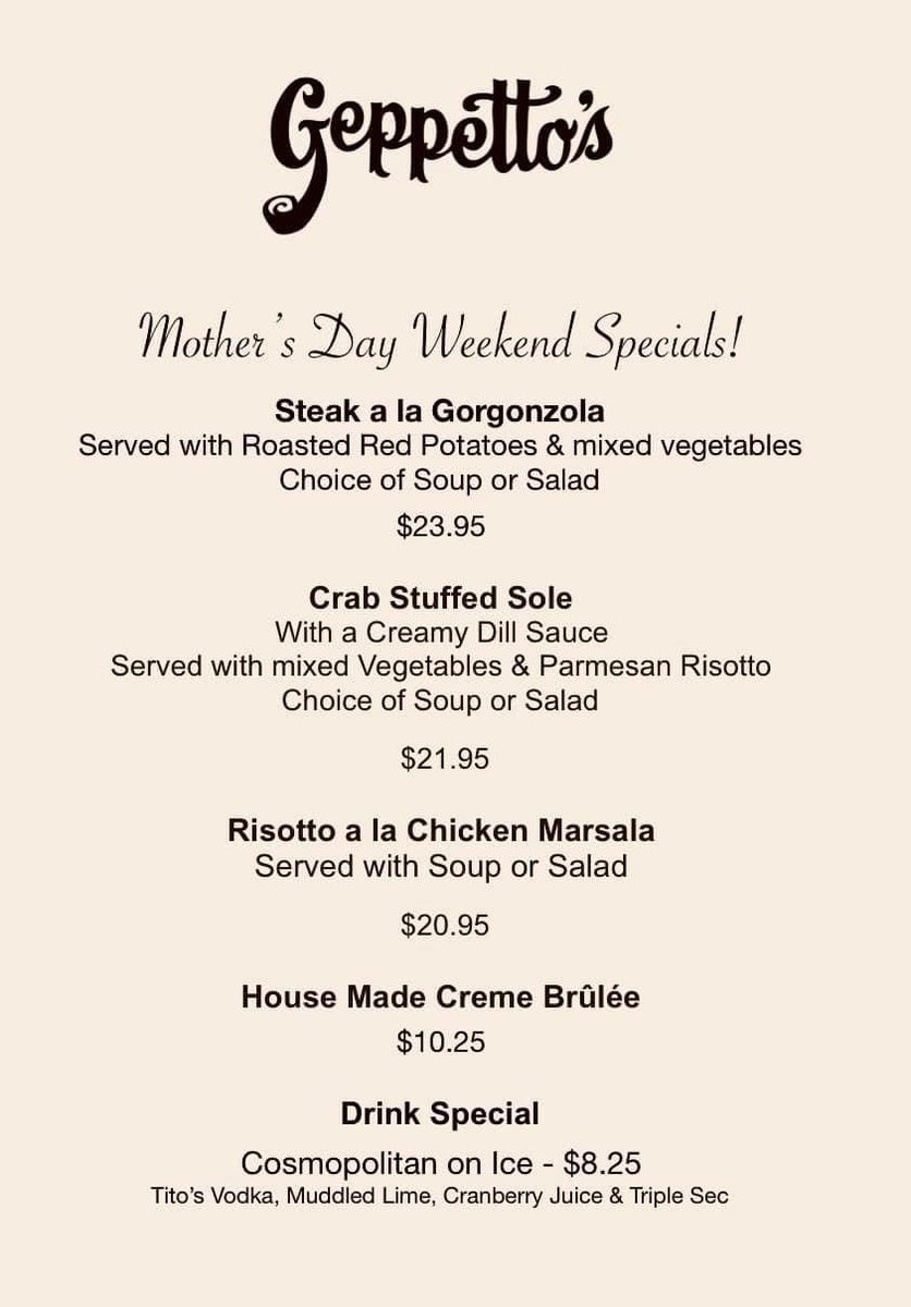 GeppettosSalem's tweet photo. #MothersDay specials today at #Geppettos #Salem #Oregon https://t.co/pwNldcnhuq