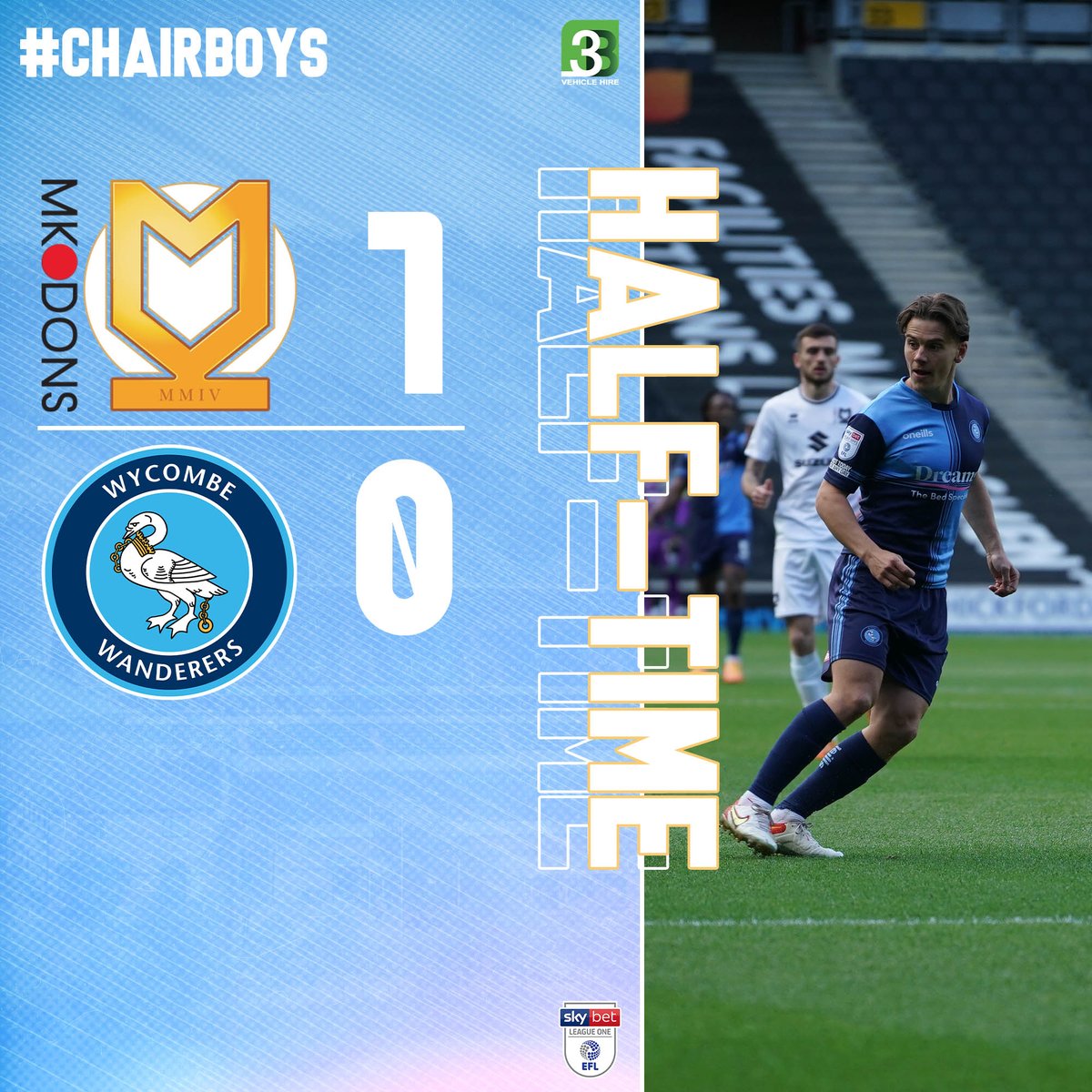 wwfcofficial's tweet photo. HT: #MKDons 1-0 #chairboys 

Troy Parrott's header brings the aggregate score to 2-1 to Wanderers, with 45 minutes to play.

#MKDvWYC https://t.co/phBaCwfdwW