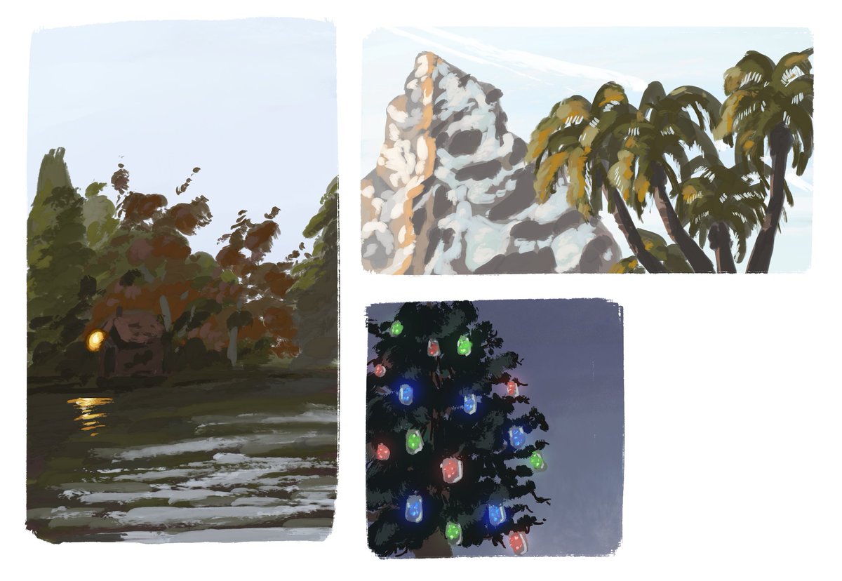 CmdrSpaceCat's tweet image. For no particular reason other than I haven't shared art in a while, here are some color studies I've liked based off photos (my own) and trips to Disney
