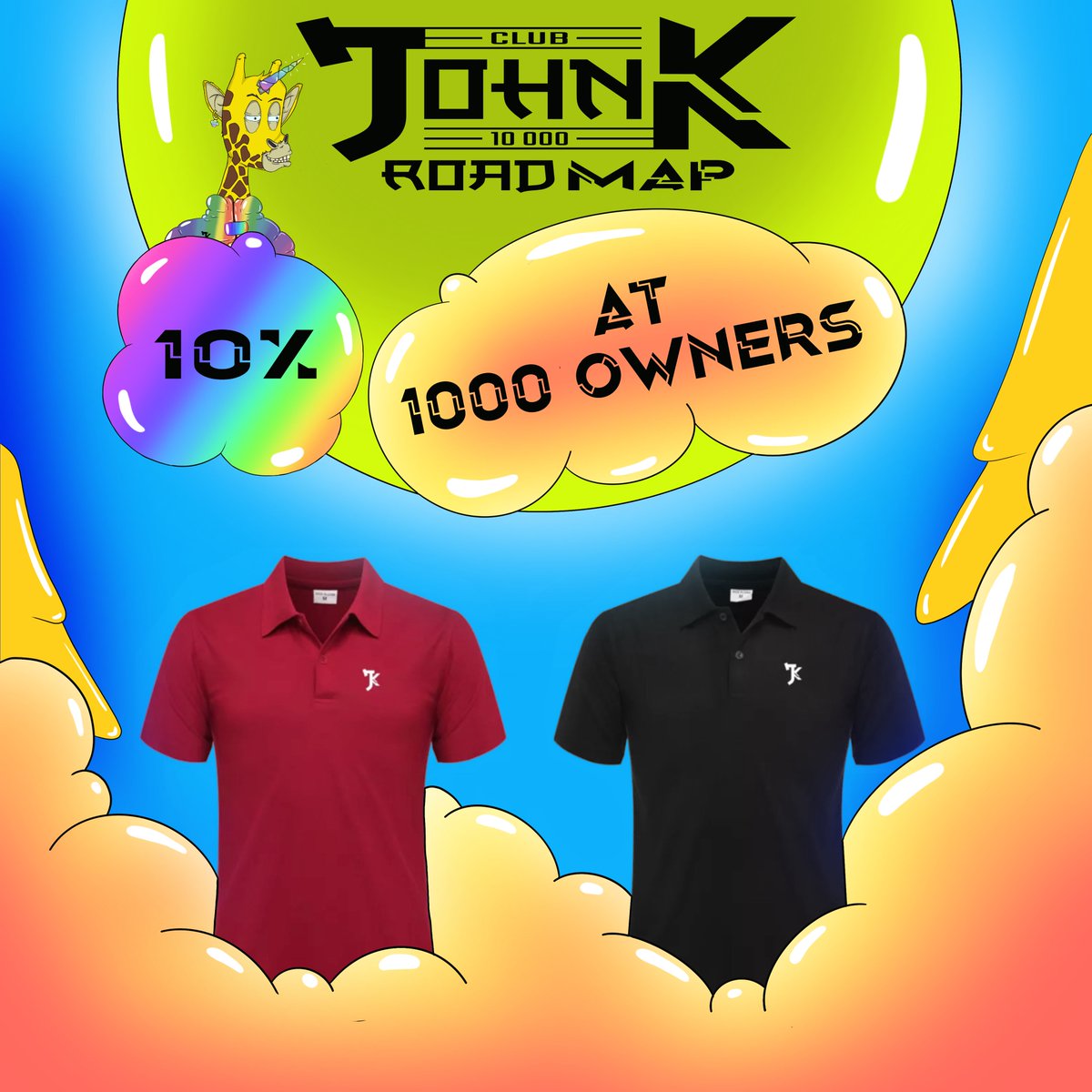 JohnKirinClub's tweet photo. Roadmap Phase 1: 10% Sold
Each item owner will get a John Kirin Polo. 
Get your John now 🌱🦒
#NFTCollection 👇
https://t.co/PefR85m1ld
#NFT #NFTProject #nftcollectors https://t.co/DZZ5VPr6YK