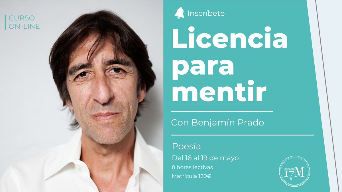 17Musas's tweet photo. ¿Ya te has inscrito al curso de poesía con Benjamín Prado? Aquí tienes el enlace para reservar tu plaza!
https://t.co/lD9nFVF9tv https://t.co/Zgj36xNBZ8