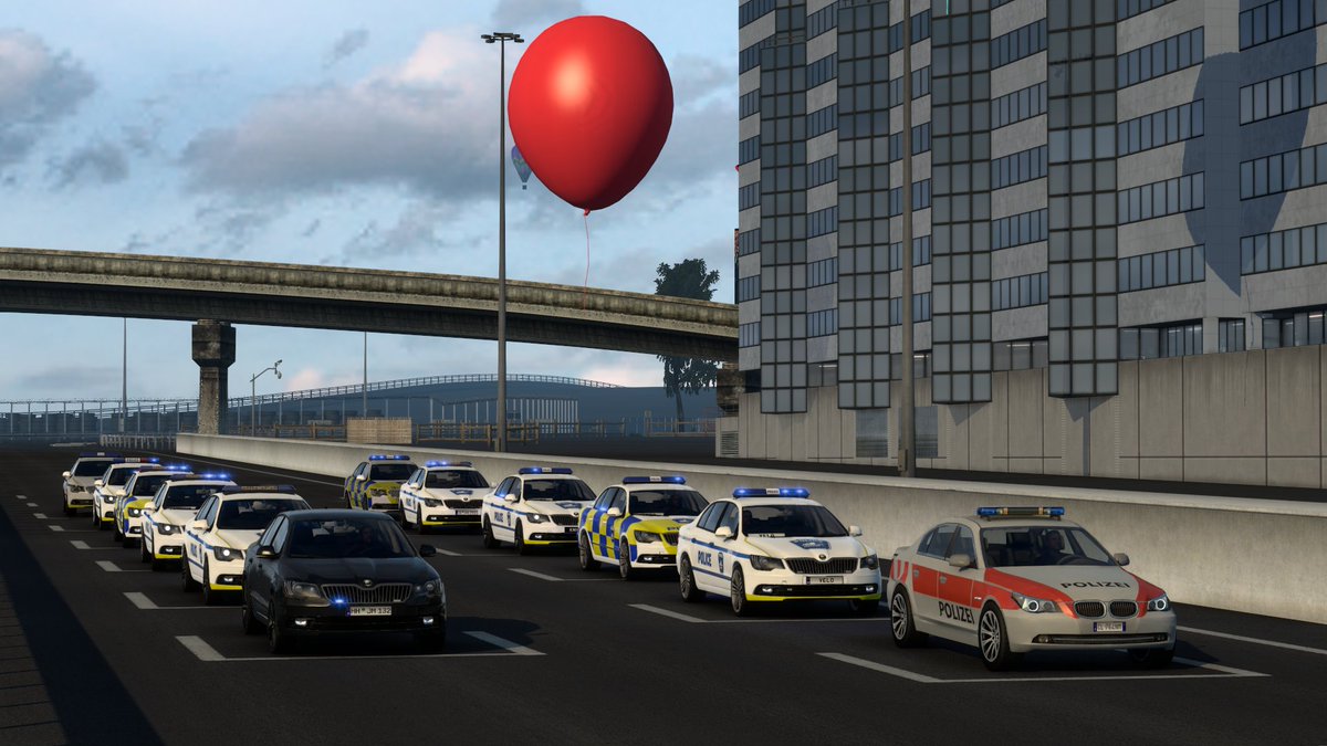 PhoenixVTC's tweet photo. This afternoon we took to the roads of the #TMP8 freeroam server for a police car convoy via the infamous C-D road, followed by a race around the Haulie Island circuit, it was great fun! #TruckersMP #EuroTruckSimulator2 #ETS2 #BestCommunityEver https://t.co/IA1tPsDwIR