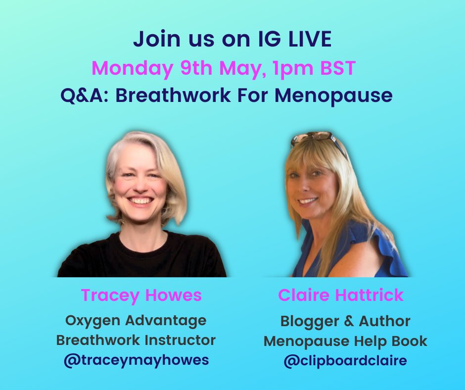 menopausecoach_'s tweet photo. Join me (Clipboardclaire) live’ on Instagram tomorrow (Monday) at 1pm (BST) when i will be taking to a Tracey Howes about breathwork in menopause!
Don’t miss it! 🙌 #menopause #menopausehelp #menopausecoach #postmenopause #mentalhealth https://t.co/75N9D44NSo